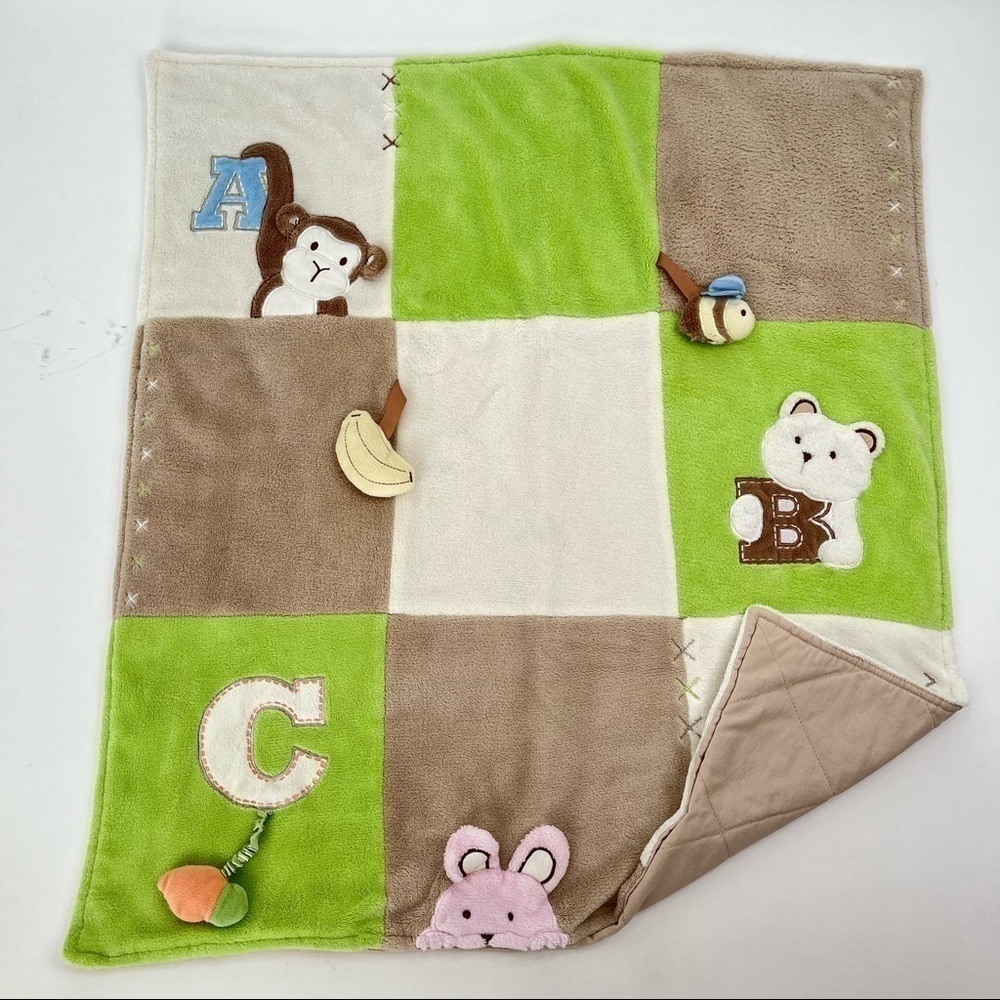RARE Indigo Baby ABC Fuzzy Tan Monkey Bunny Bear Rattle Squeaker Play Blanket